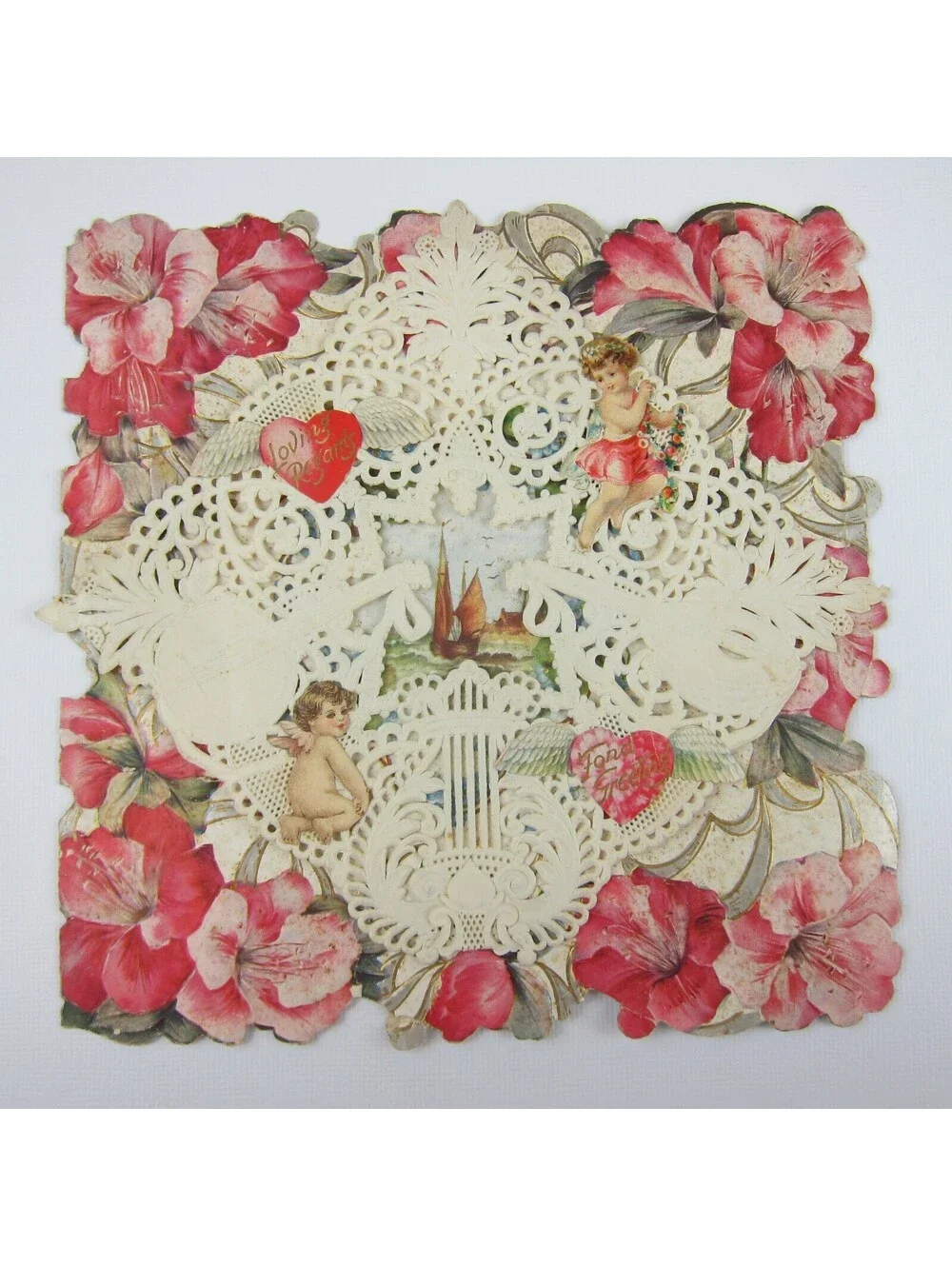 Antique Valentine Die Cut Sailboat & Cupid Angel Boys Pink Flowers Hearts Bifold